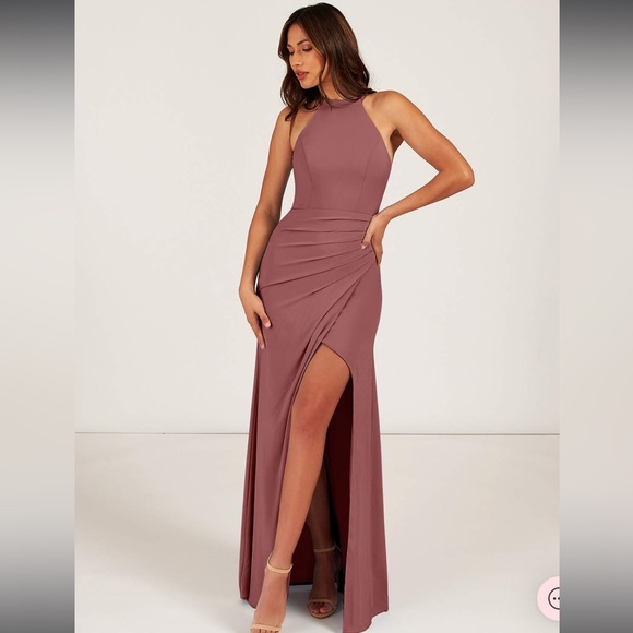 Azazie Dresses & Skirts - Azazie Galicia Mermaid High Neck Pleated Stretch Chiffon Leg Slit Dress NWT 10